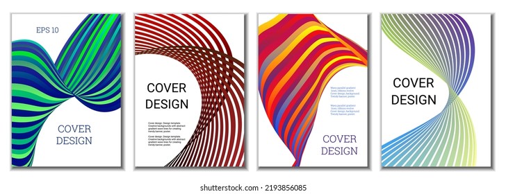A set of 4 abstract covers. Wavy parallel gradient lines, ribbons evolve. Cover design, background. Trendy banner, poster.