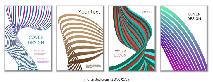 A set of 4 abstract covers. Wavy parallel gradient lines, ribbons evolve. Cover design, background. Trendy banner, poster.