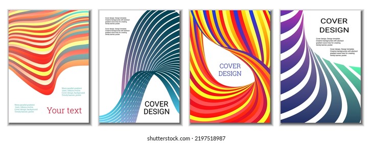 A set of 4 abstract covers. Wavy parallel gradient lines, ribbons evolve. Cover design, background. Trendy banner, poster.