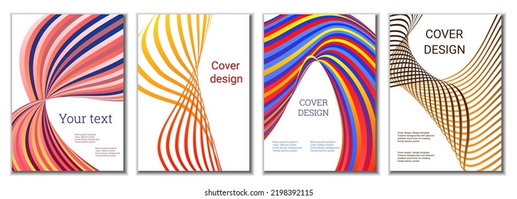 A set of 4 abstract covers. Wavy parallel gradient lines, ribbons evolve. Cover design, background. Trendy banner, poster.