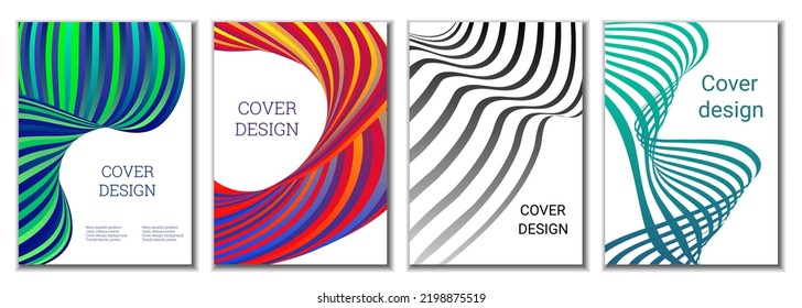 A set of 4 abstract covers. Wavy parallel gradient lines, ribbons evolve. Cover design, background. Trendy banner, poster.