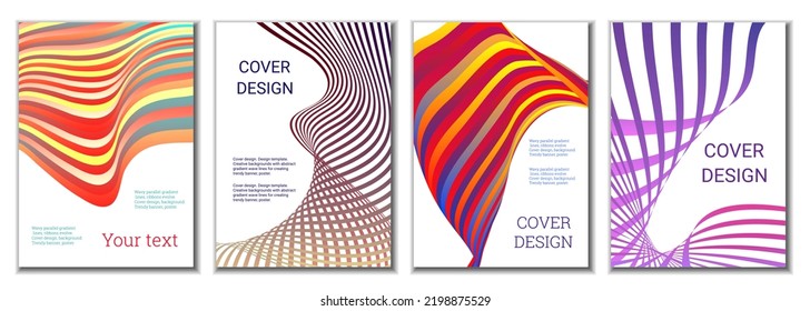 A set of 4 abstract covers. Wavy parallel gradient lines, ribbons evolve. Cover design, background. Trendy banner, poster.