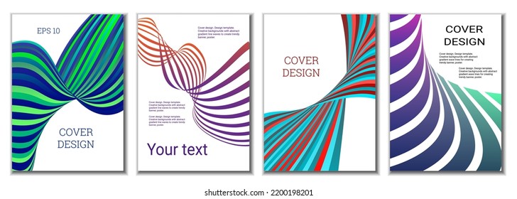 A set of 4 abstract covers. Wavy parallel gradient lines, ribbons evolve. Cover design, background. Trendy banner, poster.