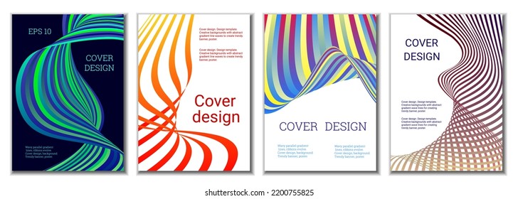 A set of 4 abstract covers. Wavy parallel gradient lines, ribbons evolve. Cover design, background. Trendy banner, poster.