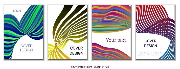 A set of 4 abstract covers. Wavy parallel gradient lines, ribbons evolve. Cover design, background. Trendy banner, poster.