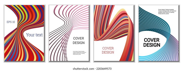 A set of 4 abstract covers. Wavy parallel gradient lines, ribbons evolve. Cover design, background. Trendy banner, poster.