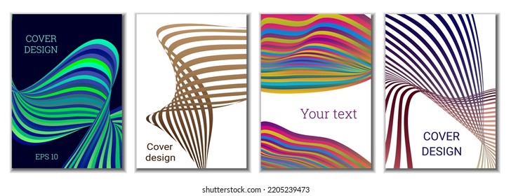 Un conjunto de 4 cubiertas abstractas. Las líneas de gradiente paralelas onduladas, las cintas evolucionan. Diseño de portada, fondo. Pancarta de moda, afiche.