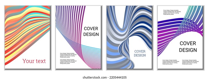 A set of 4 abstract covers. Wavy parallel gradient lines, ribbons evolve. Cover design, background. Trendy banner, poster.