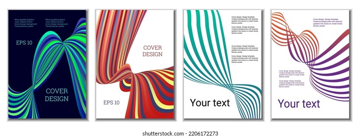 A set of 4 abstract covers. Wavy parallel gradient lines, ribbons evolve. Cover design, background. Trendy banner, poster.