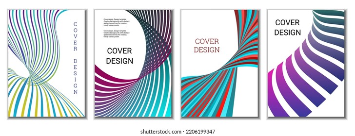 A set of 4 abstract covers. Wavy parallel gradient lines, ribbons evolve. Cover design, background. Trendy banner, poster.