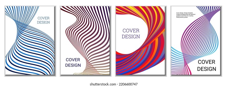 A set of 4 abstract covers. Wavy parallel gradient lines, ribbons evolve. Cover design, background. Trendy banner, poster.
