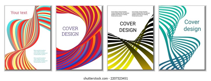 A set of 4 abstract covers. Wavy parallel gradient lines, ribbons evolve. Cover design, background. Trendy banner, poster.
