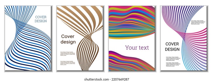 A set of 4 abstract covers. Wavy parallel gradient lines, ribbons evolve. Cover design, background. Trendy banner, poster.