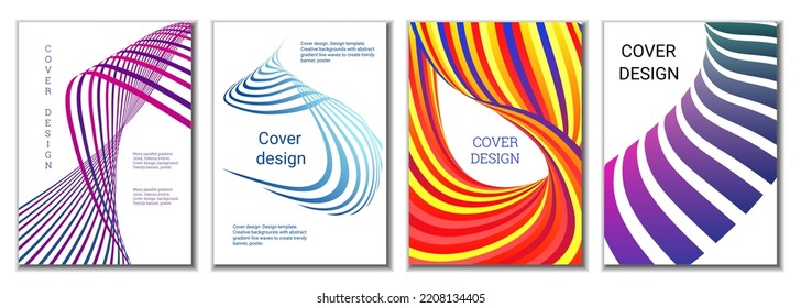 A set of 4 abstract covers. Wavy parallel gradient lines, ribbons evolve. Cover design, background. Trendy banner, poster.