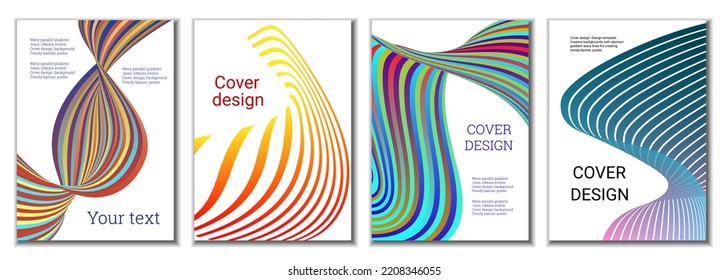 A set of 4 abstract covers. Wavy parallel gradient lines, ribbons evolve. Cover design, background. Trendy banner, poster.