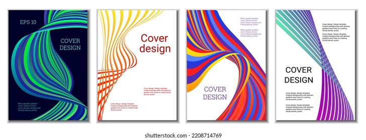 A set of 4 abstract covers. Wavy parallel gradient lines, ribbons evolve. Cover design, background. Trendy banner, poster.