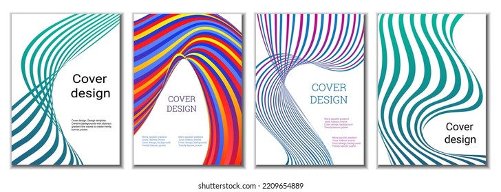 A set of 4 abstract covers. Wavy parallel gradient lines, ribbons evolve. Cover design, background. Trendy banner, poster.