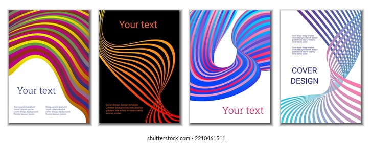 A set of 4 abstract covers. Wavy parallel gradient lines, ribbons evolve. Cover design, background. Trendy banner, poster.