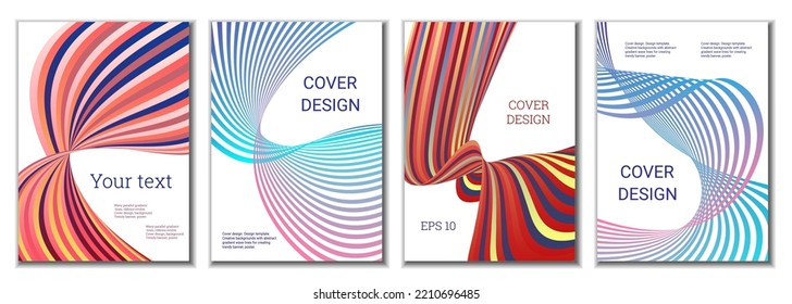 A set of 4 abstract covers. Wavy parallel gradient lines, ribbons evolve. Cover design, background. Trendy banner, poster.