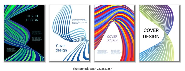 A set of 4 abstract covers. Wavy parallel gradient lines, ribbons evolve. Cover design, background. Trendy banner, poster.