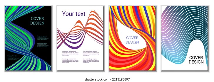 Un conjunto de 4 cubiertas abstractas. Las líneas de gradiente paralelas onduladas, las cintas evolucionan. Diseño de portada, fondo. Pancarta de moda, afiche.