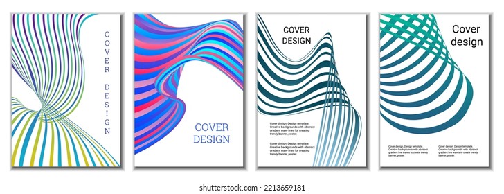 A set of 4 abstract covers. Wavy parallel gradient lines, ribbons evolve. Cover design, background. Trendy banner, poster.