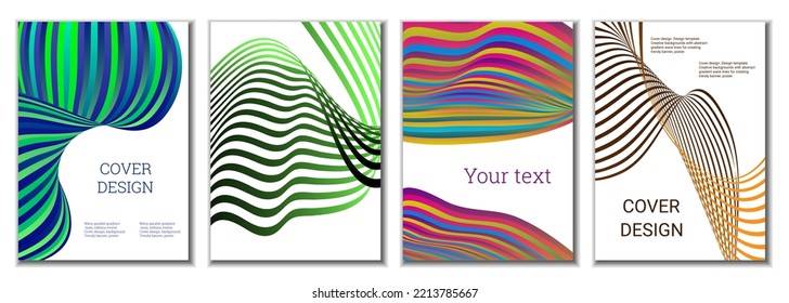 A set of 4 abstract covers. Wavy parallel gradient lines, ribbons evolve. Cover design, background. Trendy banner, poster.