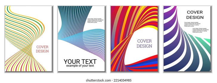 A set of 4 abstract covers. Wavy parallel gradient lines, ribbons evolve. Cover design, background. Trendy banner, poster.