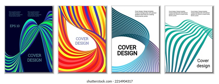 A set of 4 abstract covers. Wavy parallel gradient lines, ribbons evolve. Cover design, background. Trendy banner, poster.