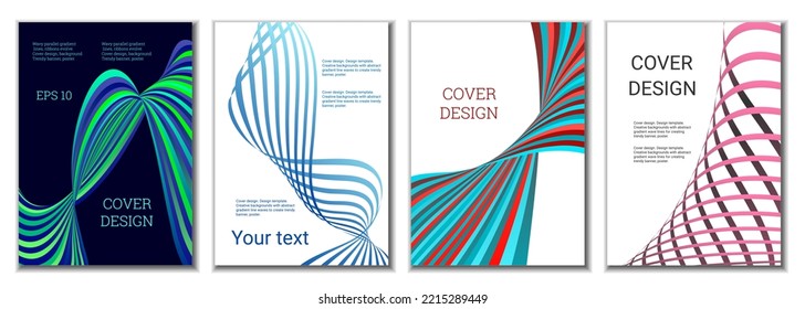 A set of 4 abstract covers. Wavy parallel gradient lines, ribbons evolve. Cover design, background. Trendy banner, poster.