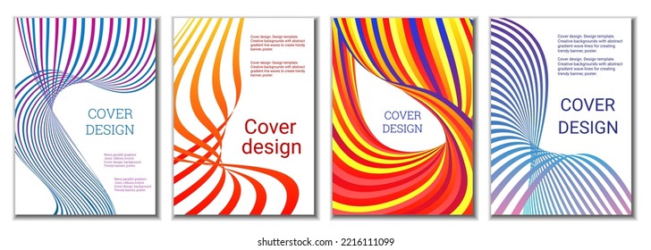 A set of 4 abstract covers. Wavy parallel gradient lines, ribbons evolve. Cover design, background. Trendy banner, poster.