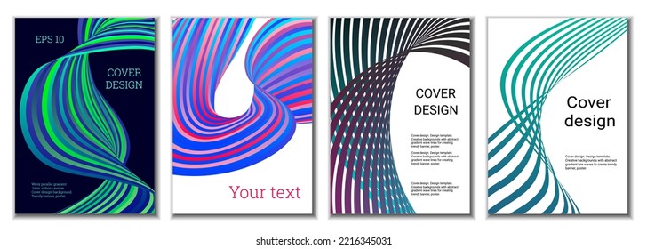 A set of 4 abstract covers. Wavy parallel gradient lines, ribbons evolve. Cover design, background. Trendy banner, poster.