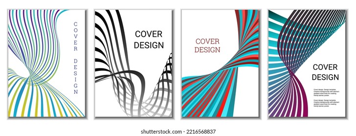 A set of 4 abstract covers. Wavy parallel gradient lines, ribbons evolve. Cover design, background. Trendy banner, poster.