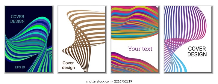 A set of 4 abstract covers. Wavy parallel gradient lines, ribbons evolve. Cover design, background. Trendy banner, poster.