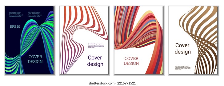 A set of 4 abstract covers. Wavy parallel gradient lines, ribbons evolve. Cover design, background. Trendy banner, poster.