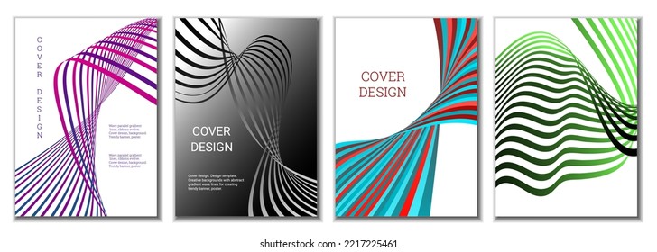 A set of 4 abstract covers. Wavy parallel gradient lines, ribbons evolve. Cover design, background. Trendy banner, poster.