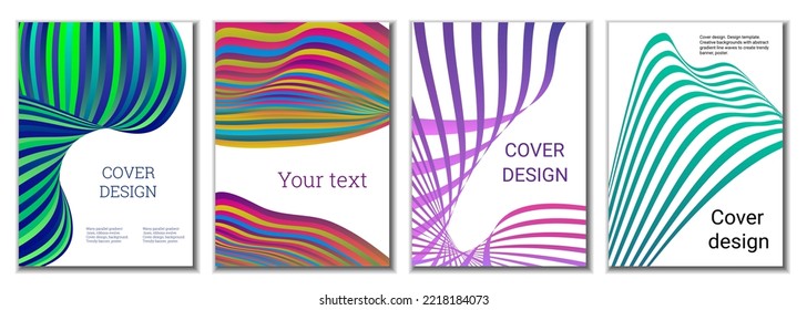 A set of 4 abstract covers. Wavy parallel gradient lines, ribbons evolve. Cover design, background. Trendy banner, poster.