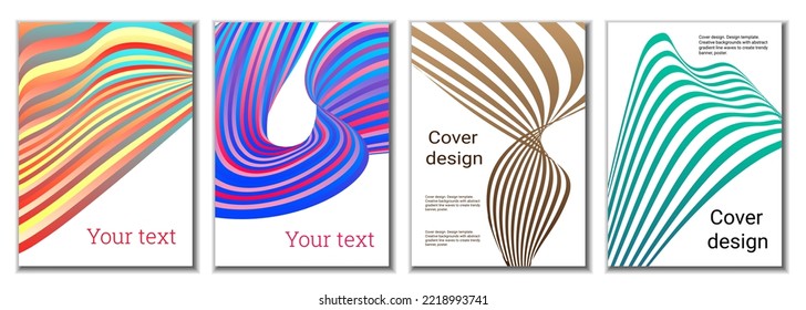 A set of 4 abstract covers. Wavy parallel gradient lines, ribbons evolve. Cover design, background. Trendy banner, poster.