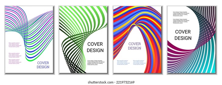 A set of 4 abstract covers. Wavy parallel gradient lines, ribbons evolve. Cover design, background. Trendy banner, poster.