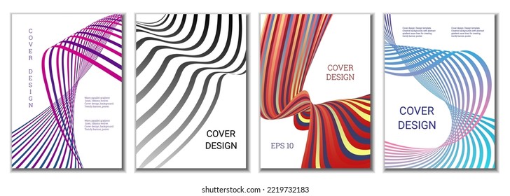 A set of 4 abstract covers. Wavy parallel gradient lines, ribbons evolve. Cover design, background. Trendy banner, poster.