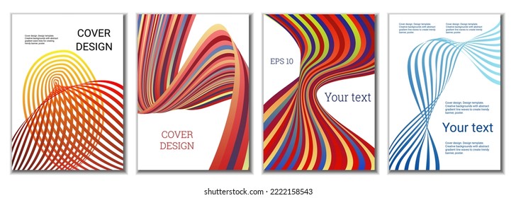 A set of 4 abstract covers. Wavy parallel gradient lines, ribbons evolve. Cover design, background. Trendy banner, poster.