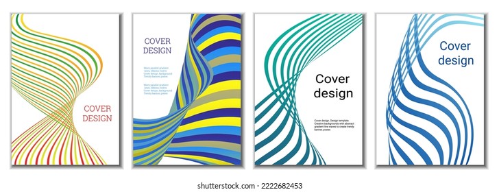 A set of 4 abstract covers. Wavy parallel gradient lines, ribbons evolve. Cover design, background. Trendy banner, poster.