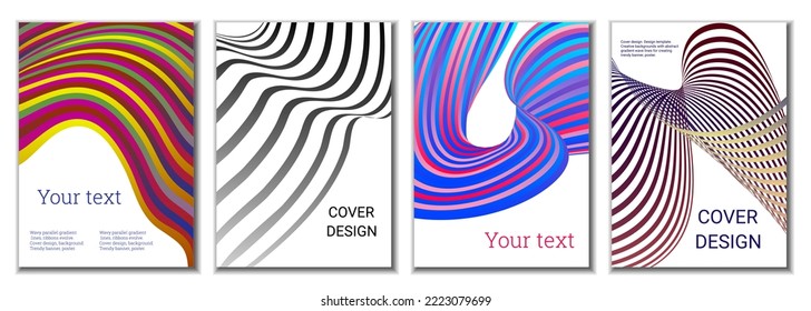 A set of 4 abstract covers. Wavy parallel gradient lines, ribbons evolve. Cover design, background. Trendy banner, poster.