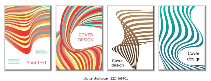 A set of 4 abstract covers. Wavy parallel gradient lines, ribbons evolve. Cover design, background. Trendy banner, poster.