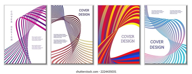 A set of 4 abstract covers. Wavy parallel gradient lines, ribbons evolve. Cover design, background. Trendy banner, poster.
