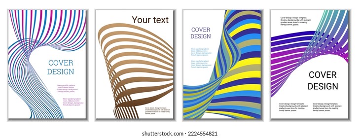 A set of 4 abstract covers. Wavy parallel gradient lines, ribbons evolve. Cover design, background. Trendy banner, poster.