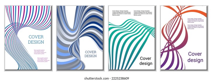 A set of 4 abstract covers. Wavy parallel gradient lines, ribbons evolve. Cover design, background. Trendy banner, poster.