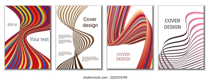 A set of 4 abstract covers. Wavy parallel gradient lines, ribbons evolve. Cover design, background. Trendy banner, poster.