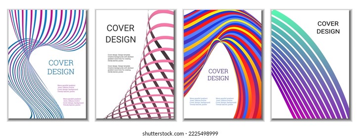 A set of 4 abstract covers. Wavy parallel gradient lines, ribbons evolve. Cover design, background. Trendy banner, poster.