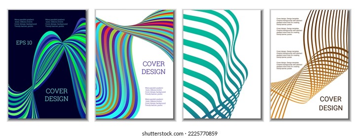 A set of 4 abstract covers. Wavy parallel gradient lines, ribbons evolve. Cover design, background. Trendy banner, poster.